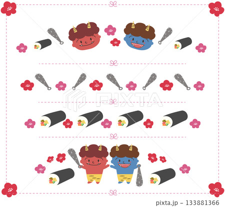 節分の赤鬼と青鬼のかわいいライン素材セット 133881366