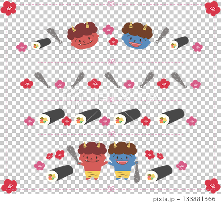 節分の赤鬼と青鬼のかわいいライン素材セット 133881366