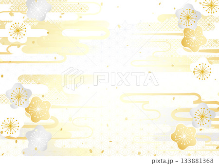 日本のいろいろな伝統模様を組み合わせた華やかな着物柄のような金銀の背景イラスト 133881368
