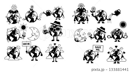 Earth globe characters in retro style with flower, watering can, hearts, cloud, sun icons 133881441