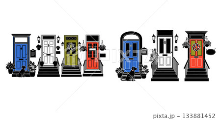 illustration of colorful front doors with potted plants and dogs silhouettes 133881452
