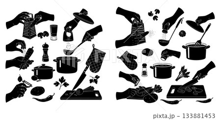 Illustration of Food Preparation Grating, Seasoning, Slicing, Peeling, and Cooking Vegetables 133881453