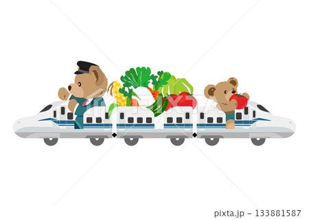 クマのぬいぐるみが、とれたて野菜を新幹線で運ぶイラスト 133881587
