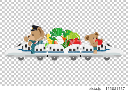 クマのぬいぐるみが、とれたて野菜を新幹線で運ぶイラスト 133881587