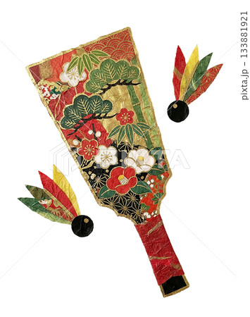 和紙で表現した華やかな羽子板と羽根つきの切り絵イラスト 133881921