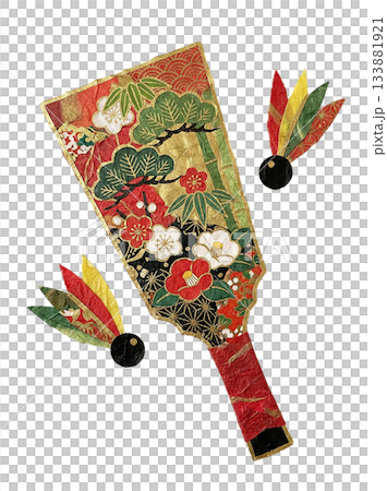和紙で表現した華やかな羽子板と羽根つきの切り絵イラスト 133881921
