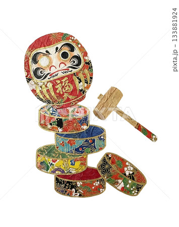 和紙で表現した色鮮やかなだるま落としの切り絵イラスト 和紙で表現した色鮮やかなだるま落としの切り絵イラスト 133881924