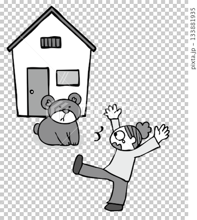 住宅街に出るクマ_人と鉢合わせ_モノクロ 133881935