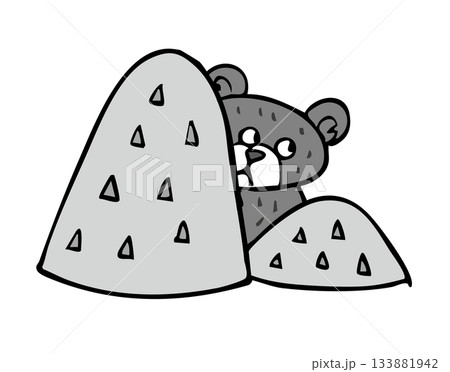 山からのぞいているクマ_モノクロ　くま　熊 133881942