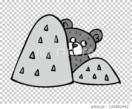 山からのぞいているクマ_モノクロ　くま　熊 133881942