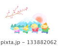 新年　富士山の初日の出を楽しむかわいい猫家族の水彩イラスト素材 133882062