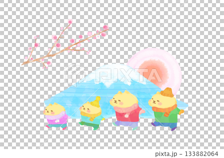 New Year watercolor illustration of a cute cat family enjoying the first sunrise of the year on Mount Fuji New Year watercolor illustration of a cute cat family enjoying the first sunrise of the year on Mount Fuji 133882064