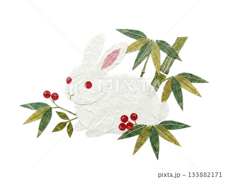 和紙で表現した白うさぎと竹の切り絵イラスト 133882171