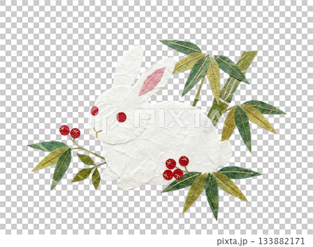 和紙で表現した白うさぎと竹の切り絵イラスト 133882171