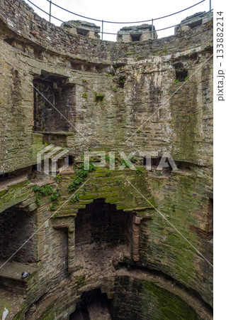 コンウィ城の塔内部に残る暖炉の跡と苔むした石壁 (イギリス、ウェールズ、コンウィ) 133882214