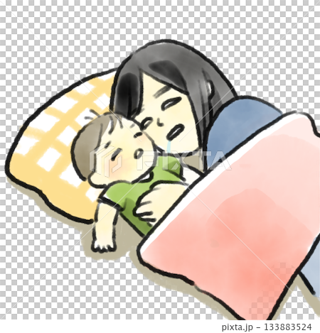 親子が添い寝している様子を描いた、水彩風の優しいイラストです。 赤ちゃんとお母さんが寄り添いながら眠 133883524