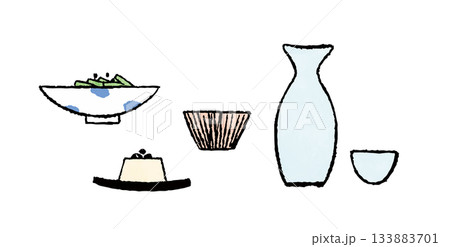 手描き風・酒とおつまみのシンプルモノクロイラスト 133883701