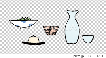 手描き風・酒とおつまみのシンプルモノクロイラスト 133883701