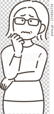 Illustration of a woman in her 40s in a worried, confused pose (line drawing only) Illustration of a woman in her 40s in a worried, confused pose (line drawing only) 133883738