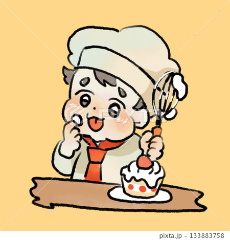 パティシエの服を着た赤ちゃんのイラスト。食育や教材として使える素材です。 133883758