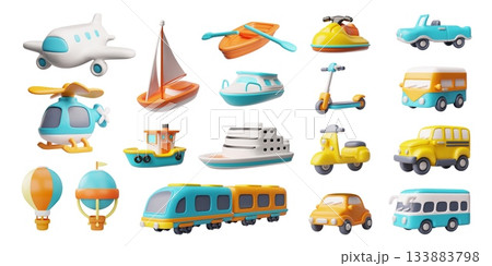 Cartoon air, marine and auto transport 3D plastic style vector icons set, car, bus, helicopter, airplane, ship and boat 133883798