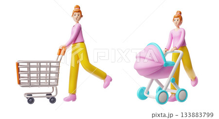 Mother is walking with a stroller, baby carriage, woman with shopping cart, trolley, cartoon vector 3D set isolated 133883799