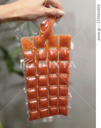 Hand Holding Orange Portion Pouches for Freezing Hand Holding Orange Portion Pouches for Freezing 133883904