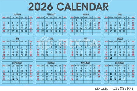 Simple calendar template illustration for the year 2026 Simple calendar template illustration for the year 2026 133883972