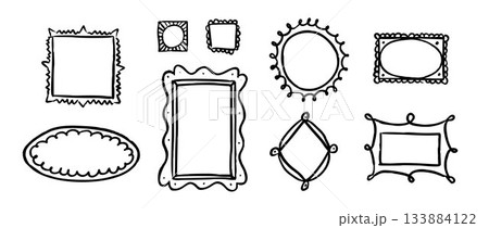 Doodled picture frame gallery set. Hand drawn photo and image border collection. 9 scribbled art frame layout arrangement. Sketched mood board collage template. Memory wall composition idea. Vector 133884122