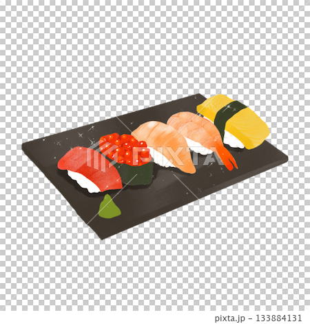 Illustration of assorted nigiri sushi. Can be used as Japanese cuisine or menu material. 133884131