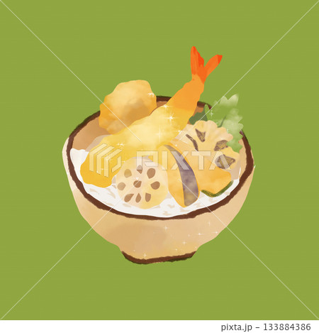 エビと野菜の天ぷらがのった天丼のイラスト。和食メニューに使える素材です。 エビと野菜の天ぷらがのった天丼のイラスト。和食メニューに使える素材です。 133884386