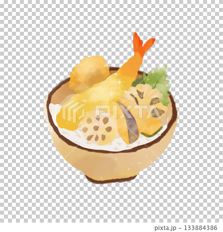 エビと野菜の天ぷらがのった天丼のイラスト。和食メニューに使える素材です。 エビと野菜の天ぷらがのった天丼のイラスト。和食メニューに使える素材です。 133884386