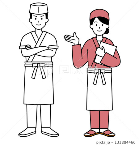 和食店の男女の店員（全身）　セット 133884460