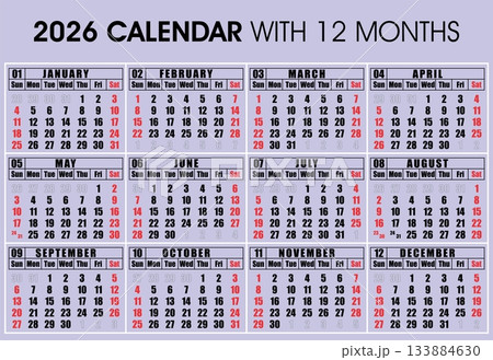 Simple calendar template illustration for the year 2026 Simple calendar template illustration for the year 2026 133884630