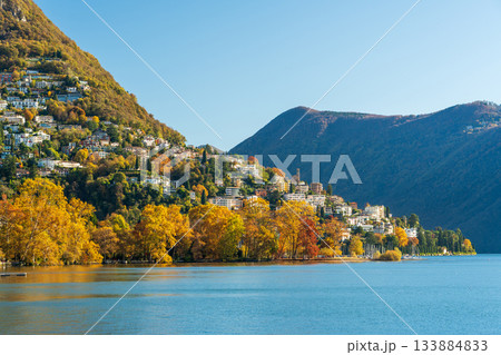 カスタニョーラの丘の別荘と紅葉。ルガーノ, ティチーノ州, スイス 133884833
