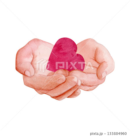 Hands gently holding pink heart. Watercolor illustration isolated on white. Ideal for love-themed designs, charity material, healthcare branding, emotional visual storytelling, adoption agencies, card Hands gently holding pink heart. Watercolor illustration isolated on white. Ideal for love-themed designs, charity material, healthcare branding, emotional visual storytelling, adoption agencies, card 133884960