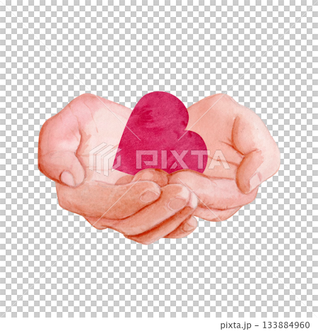 Hands gently holding pink heart. Watercolor illustration isolated on white. Ideal for love-themed designs, charity material, healthcare branding, emotional visual storytelling, adoption agencies, card Hands gently holding pink heart. Watercolor illustration isolated on white. Ideal for love-themed designs, charity material, healthcare branding, emotional visual storytelling, adoption agencies, card 133884960