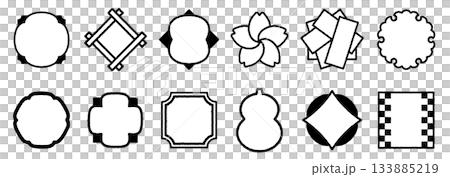 Hand-drawn Japanese-style frame icons. A set of frames for titles, etc. Modern Japanese design with cherry blossoms and snowflakes. 133885219