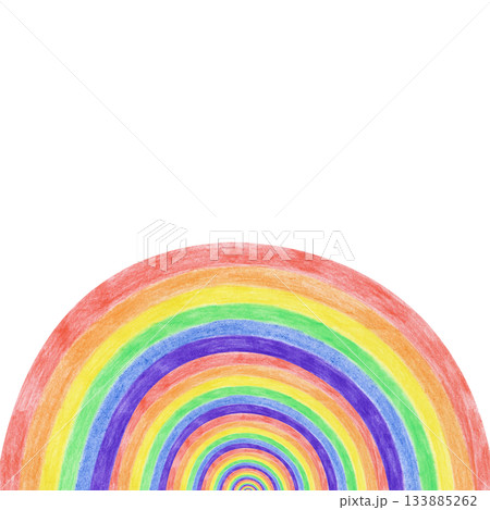 A square frame with a bright rainbow on an isolated background. Drawing with colored pencils. Multi-colored pencil template with an empty place to insert 133885262