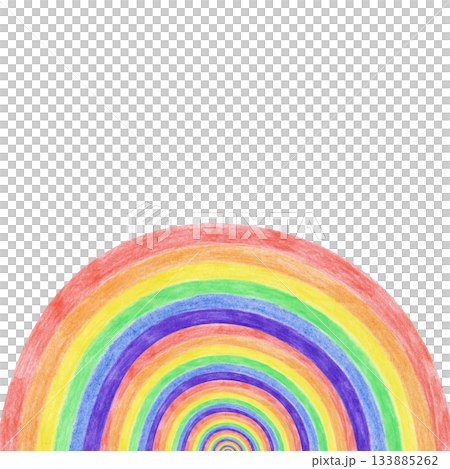 A square frame with a bright rainbow on an isolated background. Drawing with colored pencils. Multi-colored pencil template with an empty place to insert 133885262