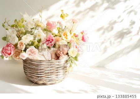 Garden bloom tableau, Sunshine highlights lush flower display, Pastoral wicker basket holds soft pastel blossoms, Gentle roses and peonies illuminated in bright outdoor setting Garden bloom tableau, Sunshine highlights lush flower display, Pastoral wicker basket holds soft pastel blossoms, Gentle roses and peonies illuminated in bright outdoor setting 133885455