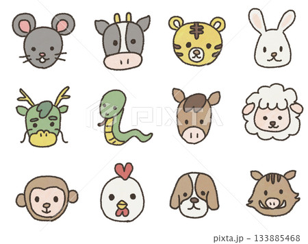 干支の動物12匹セット（十二支）｜手書き・クレヨンタッチのかわいい年賀状・お正月素材 133885468
