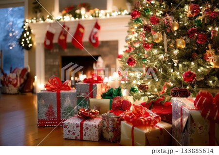 Celebratory holiday household setting featuring cheerful accents and decorations, Festive seasonal living space adorned with vibrant decorations and joyful Christmas accents Celebratory holiday household setting featuring cheerful accents and decorations, Festive seasonal living space adorned with vibrant decorations and joyful Christmas accents 133885614