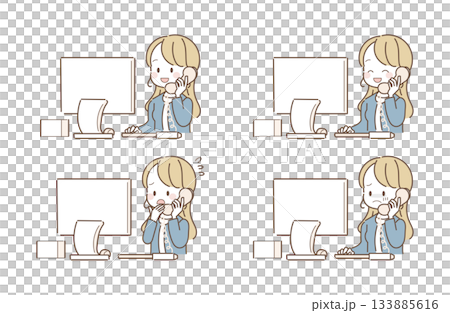 Female office worker answering the phone, computer, facial expression set Female office worker answering the phone, computer, facial expression set 133885616