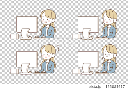 Female office worker using a computer facial expression set 133885617