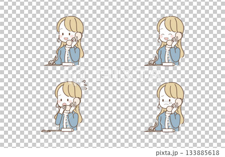 Female office worker answering the phone, memo, facial expression set 133885618