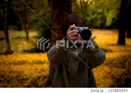 ＜素材＞イチョウ並木で旅行写真を撮る女性 133885654