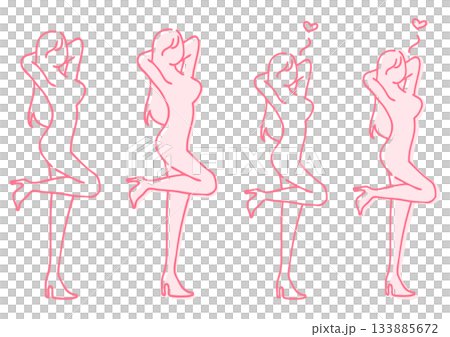 Icon set of a woman with a heart, posing in pink line drawing, representing beauty, dieting, and beauty 133885672