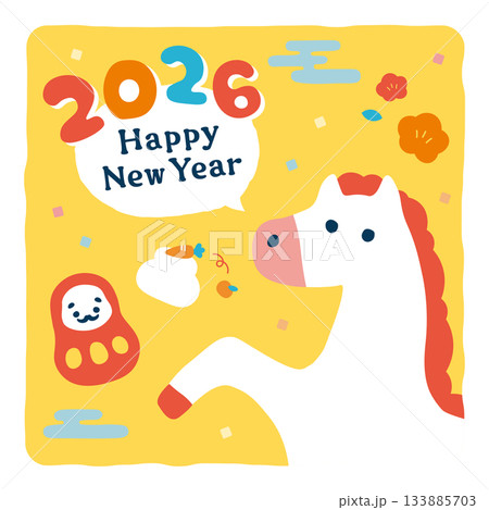 ポップなタッチの白馬と達磨の2026年（午）和風年賀状 インスタ用 133885703
