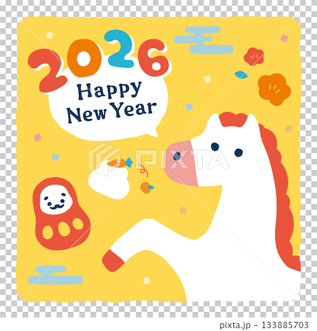 ポップなタッチの白馬と達磨の2026年（午）和風年賀状 インスタ用 133885703